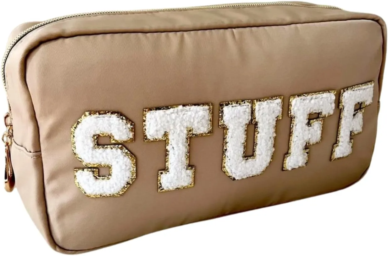 Preppy Stuff Everyday Essential Cosmetic Bag, Large Capacity Makeup Organizer/Makeup Bag, Nylon Waterproof Travel Bag, Chenille Letter Patch Cosmetic Pouch, Gift