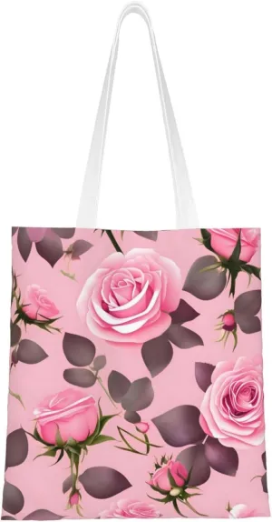 Pretty Pink Roses Pattern Double Sided Canvas Tote Bag, Reusable Grocery Shopping Bag, Carry or Shoulder 15x16.5 in