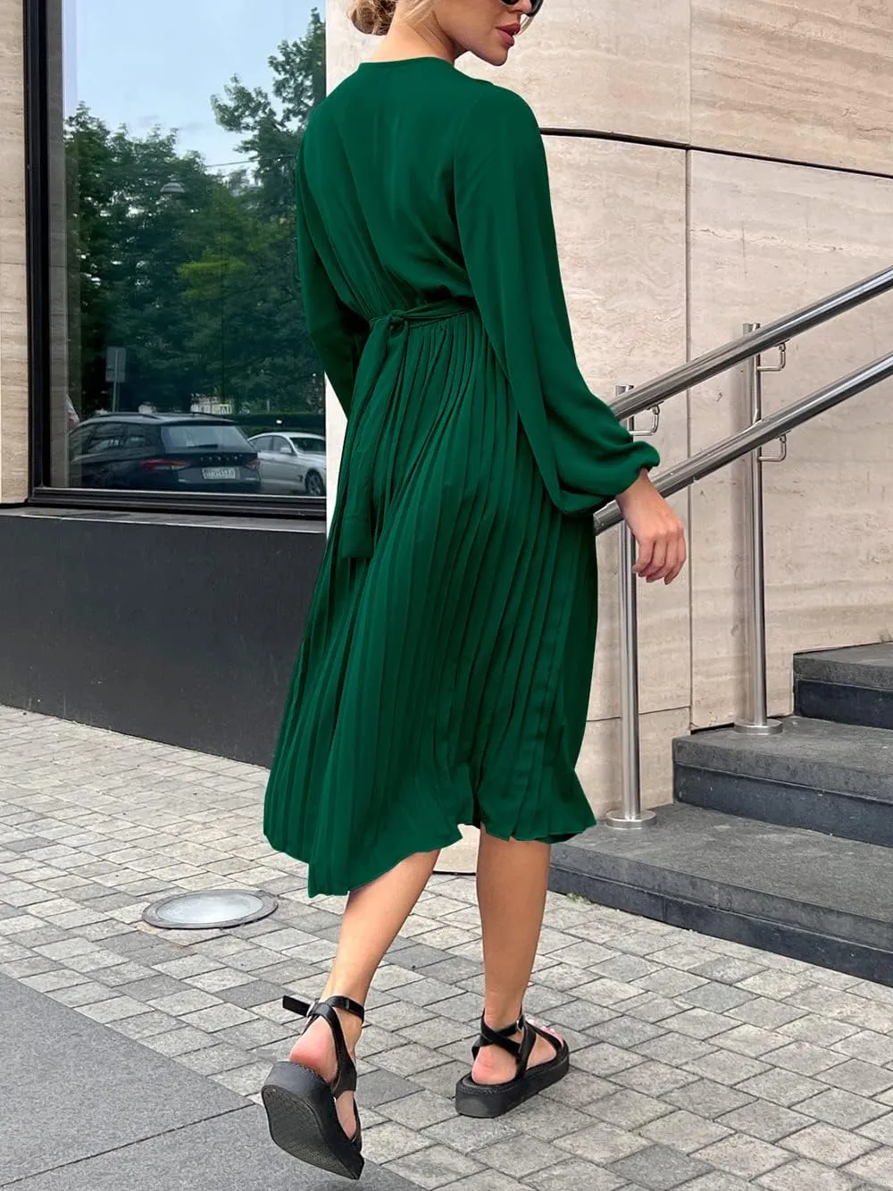 PRETTYGARDEN Women's Spring Midi Dress Long Puff Sleeve Wrap V Neck Flowy Ruffle Pleated Casual Fall Dresses