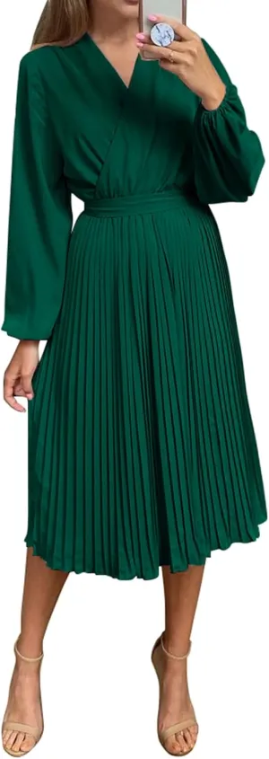 PRETTYGARDEN Women's Spring Midi Dress Long Puff Sleeve Wrap V Neck Flowy Ruffle Pleated Casual Fall Dresses