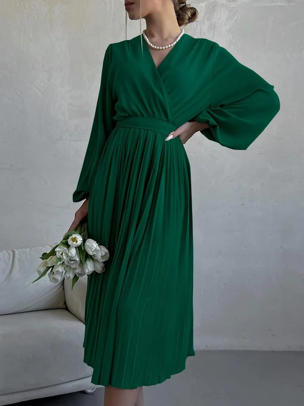 PRETTYGARDEN Women's Spring Midi Dress Long Puff Sleeve Wrap V Neck Flowy Ruffle Pleated Casual Fall Dresses