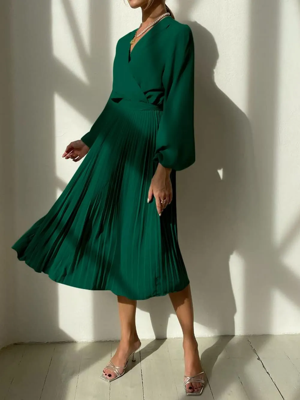 PRETTYGARDEN Women's Spring Midi Dress Long Puff Sleeve Wrap V Neck Flowy Ruffle Pleated Casual Fall Dresses