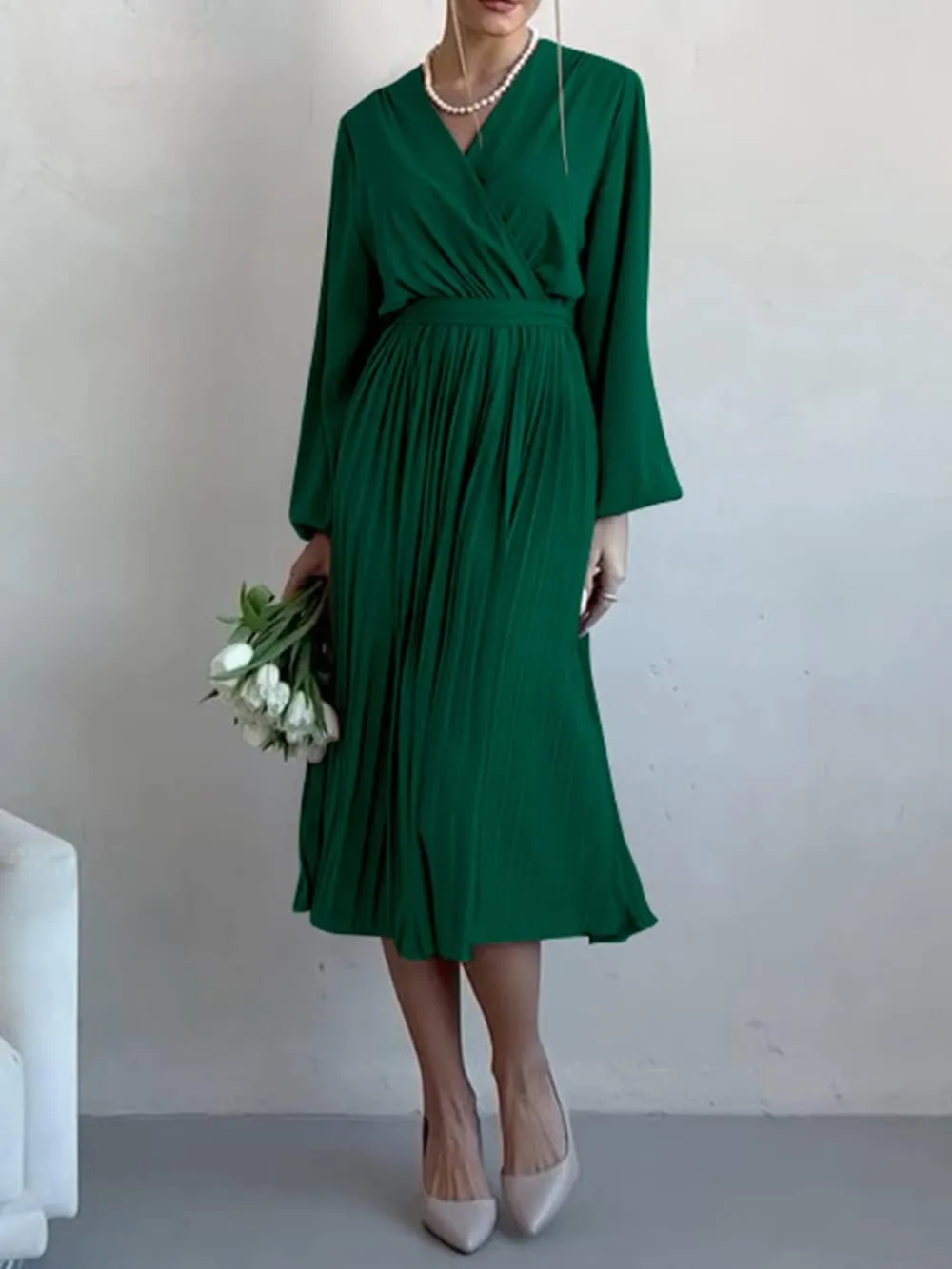 PRETTYGARDEN Women's Spring Midi Dress Long Puff Sleeve Wrap V Neck Flowy Ruffle Pleated Casual Fall Dresses