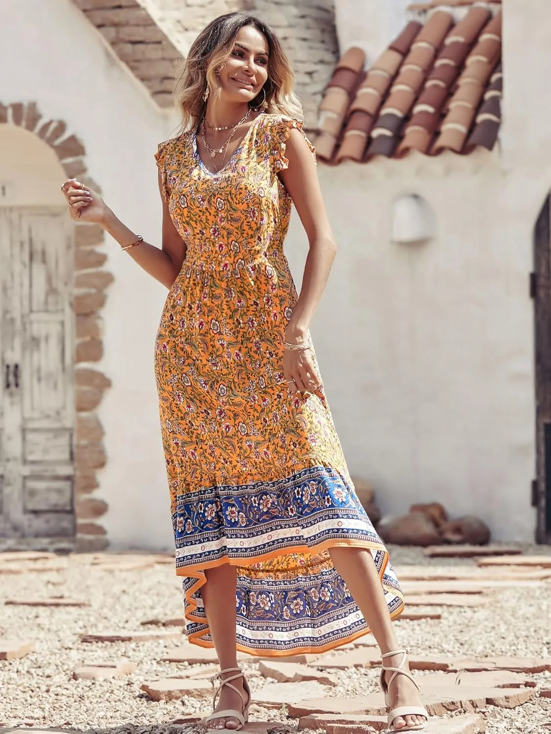 PRETTYGARDEN Women's Summer Maxi Dresses Casual Floral V Neck Cap Sleeve Boho High Low Flowy Sundresses Beach Midi Dress