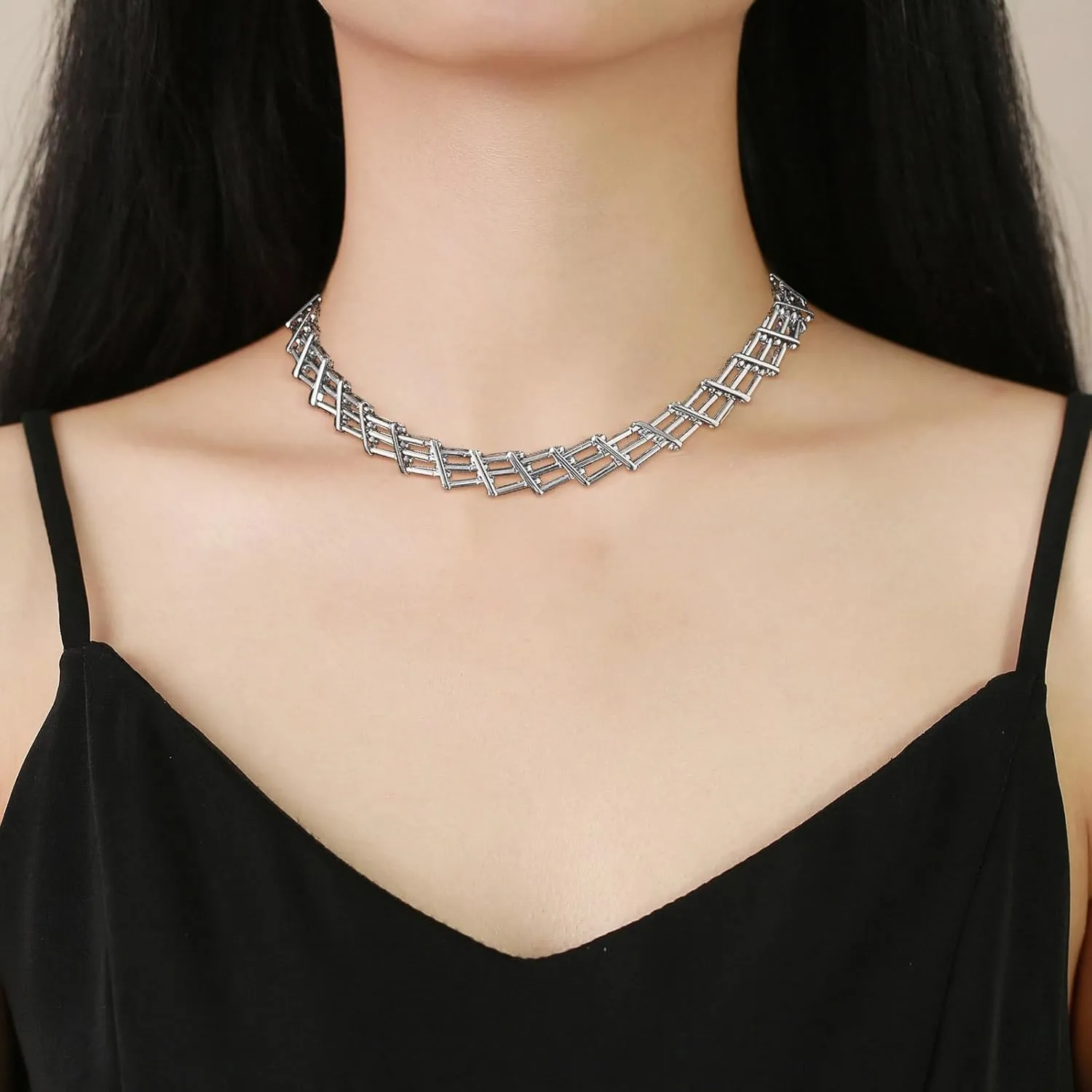 Punk Chunky Link Choker for Women 14K Gold Plating Statement Necklaces Gold Silver Wide Mesh Chain Necklace Hollow Out Chain Jewelry