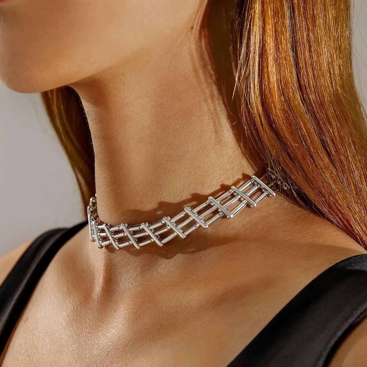 Punk Chunky Link Choker for Women 14K Gold Plating Statement Necklaces Gold Silver Wide Mesh Chain Necklace Hollow Out Chain Jewelry