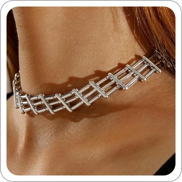 Punk Chunky Link Choker for Women 14K Gold Plating Statement Necklaces Gold Silver Wide Mesh Chain Necklace Hollow Out Chain Jewelry