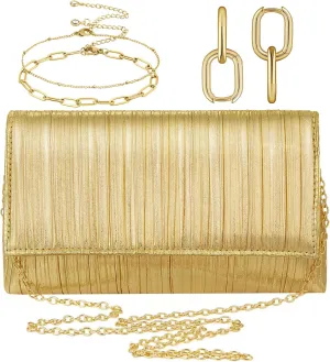 Quelay 3 Pcs Gold Clutch Purse Set for Women Pleated Flap Clutch Evening Bag Gold Jewelry Set for Women Formal Earrings Adjustable Layered Bracelet for Formal Party Prom Wedding Date Gift