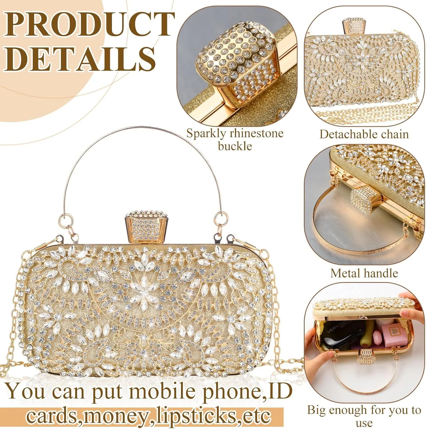 Quelay 4 Pcs Purse Rhinestone Jewelry Set for Wedding Bridal Women Handbag with Necklace Bracelet Dangle Earrings