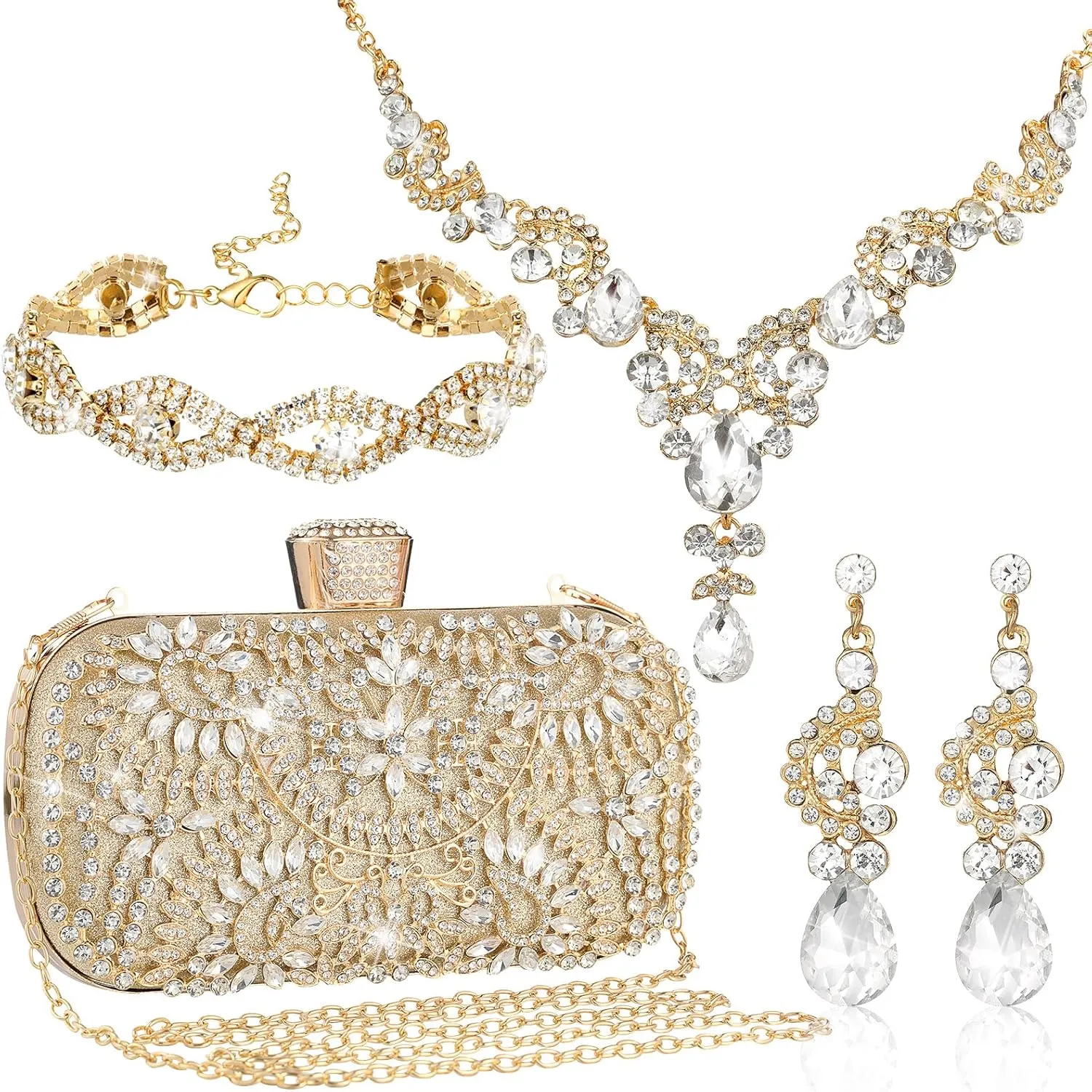 Quelay 4 Pcs Purse Rhinestone Jewelry Set for Wedding Bridal Women Handbag with Necklace Bracelet Dangle Earrings