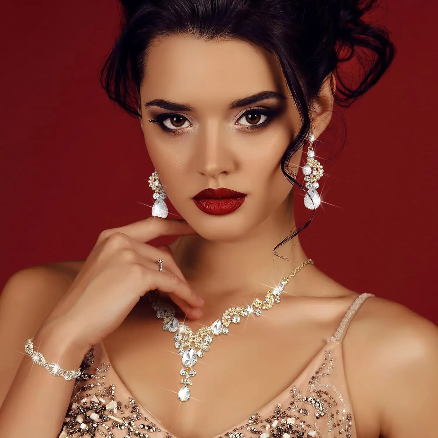 Quelay 4 Pcs Purse Rhinestone Jewelry Set for Wedding Bridal Women Handbag with Necklace Bracelet Dangle Earrings