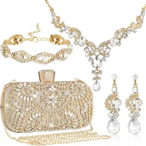 Quelay 4 Pcs Purse Rhinestone Jewelry Set for Wedding Bridal Women Handbag with Necklace Bracelet Dangle Earrings