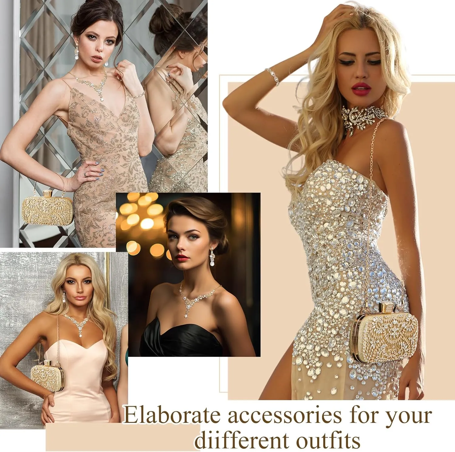 Quelay 4 Pcs Purse Rhinestone Jewelry Set for Wedding Bridal Women Handbag with Necklace Bracelet Dangle Earrings