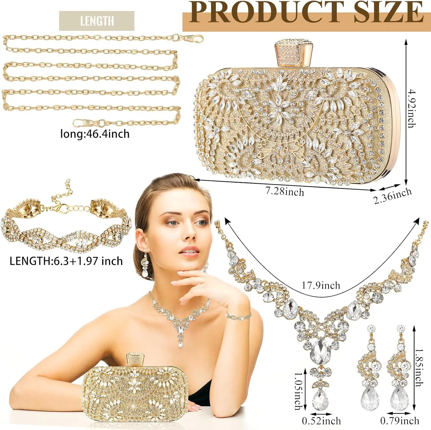 Quelay 4 Pcs Purse Rhinestone Jewelry Set for Wedding Bridal Women Handbag with Necklace Bracelet Dangle Earrings