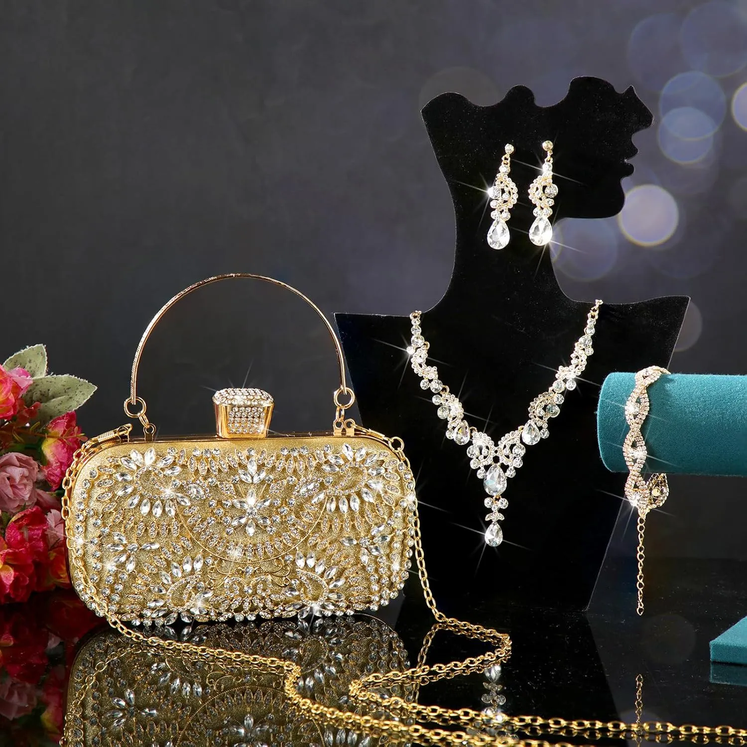 Quelay 4 Pcs Purse Rhinestone Jewelry Set for Wedding Bridal Women Handbag with Necklace Bracelet Dangle Earrings