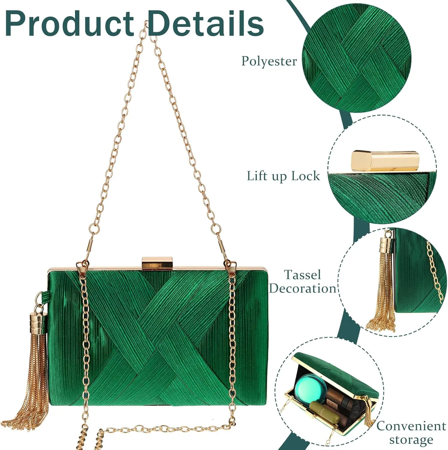 Quelay 4 Pcs Women Satin Clutch Purse Handbag Evening Bag for Wedding Banquet Handbag Vintage Necklace Earrings Jewelry Set