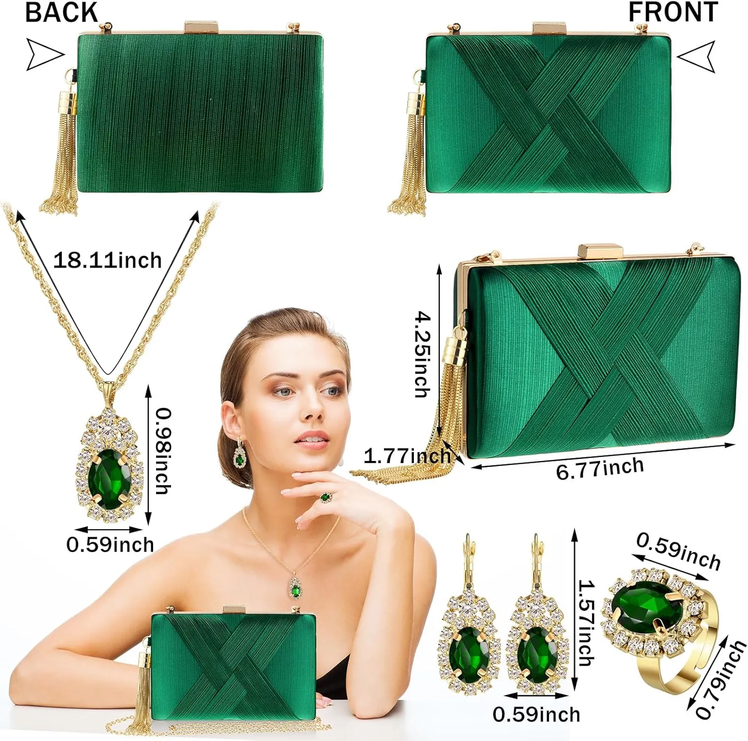 Quelay 4 Pcs Women Satin Clutch Purse Handbag Evening Bag for Wedding Banquet Handbag Vintage Necklace Earrings Jewelry Set