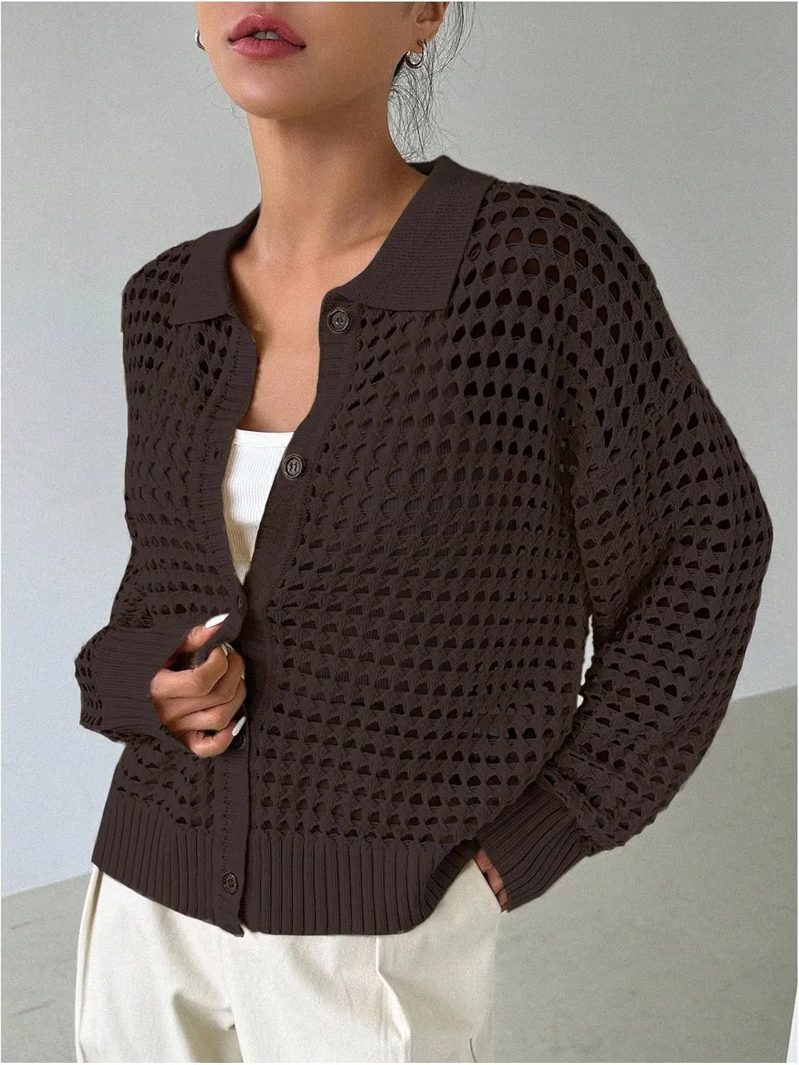 QWINEE Women's Crochet Cardigan Sweater Lightweight Cardigan Hollow Out Sweater Long Sleeve Button Down Knit Top