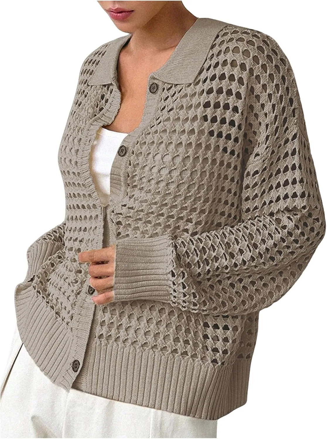 QWINEE Women's Crochet Cardigan Sweater Lightweight Cardigan Hollow Out Sweater Long Sleeve Button Down Knit Top