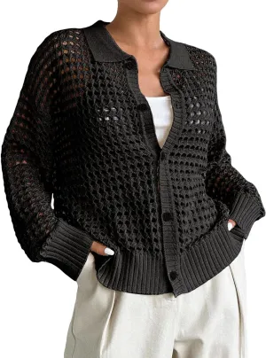 QWINEE Women's Crochet Cardigan Sweater Lightweight Cardigan Hollow Out Sweater Long Sleeve Button Down Knit Top
