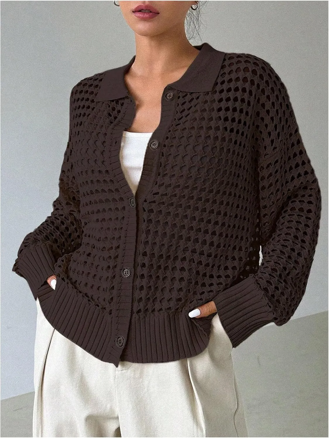 QWINEE Women's Crochet Cardigan Sweater Lightweight Cardigan Hollow Out Sweater Long Sleeve Button Down Knit Top