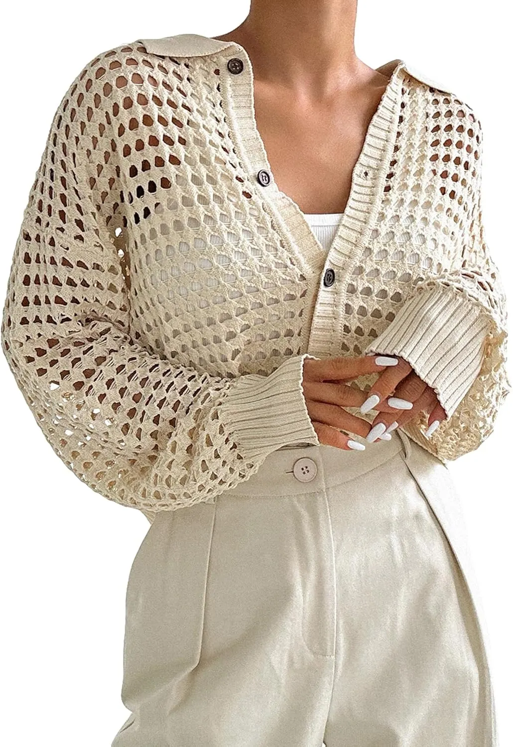 QWINEE Women's Crochet Cardigan Sweater Lightweight Cardigan Hollow Out Sweater Long Sleeve Button Down Knit Top