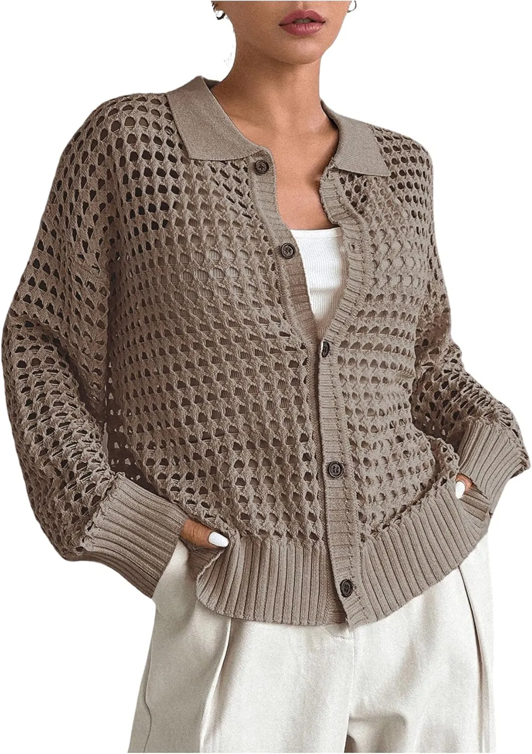 QWINEE Women's Crochet Cardigan Sweater Lightweight Cardigan Hollow Out Sweater Long Sleeve Button Down Knit Top