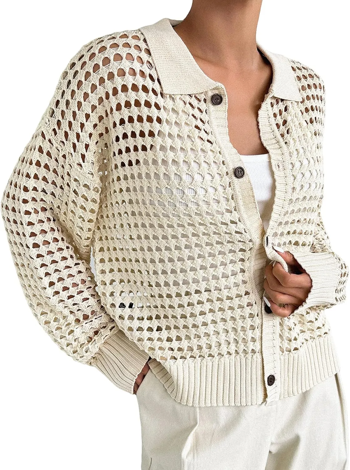 QWINEE Women's Crochet Cardigan Sweater Lightweight Cardigan Hollow Out Sweater Long Sleeve Button Down Knit Top