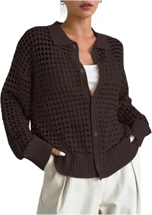 QWINEE Women's Crochet Cardigan Sweater Lightweight Cardigan Hollow Out Sweater Long Sleeve Button Down Knit Top