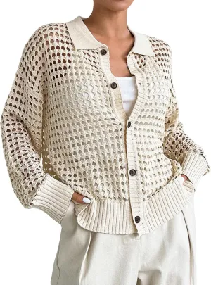 QWINEE Women's Crochet Cardigan Sweater Lightweight Cardigan Hollow Out Sweater Long Sleeve Button Down Knit Top