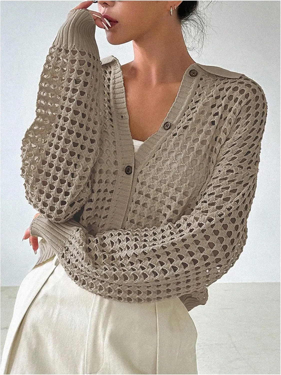 QWINEE Women's Crochet Cardigan Sweater Lightweight Cardigan Hollow Out Sweater Long Sleeve Button Down Knit Top
