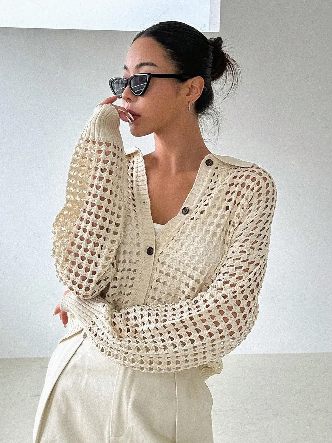 QWINEE Women's Crochet Cardigan Sweater Lightweight Cardigan Hollow Out Sweater Long Sleeve Button Down Knit Top