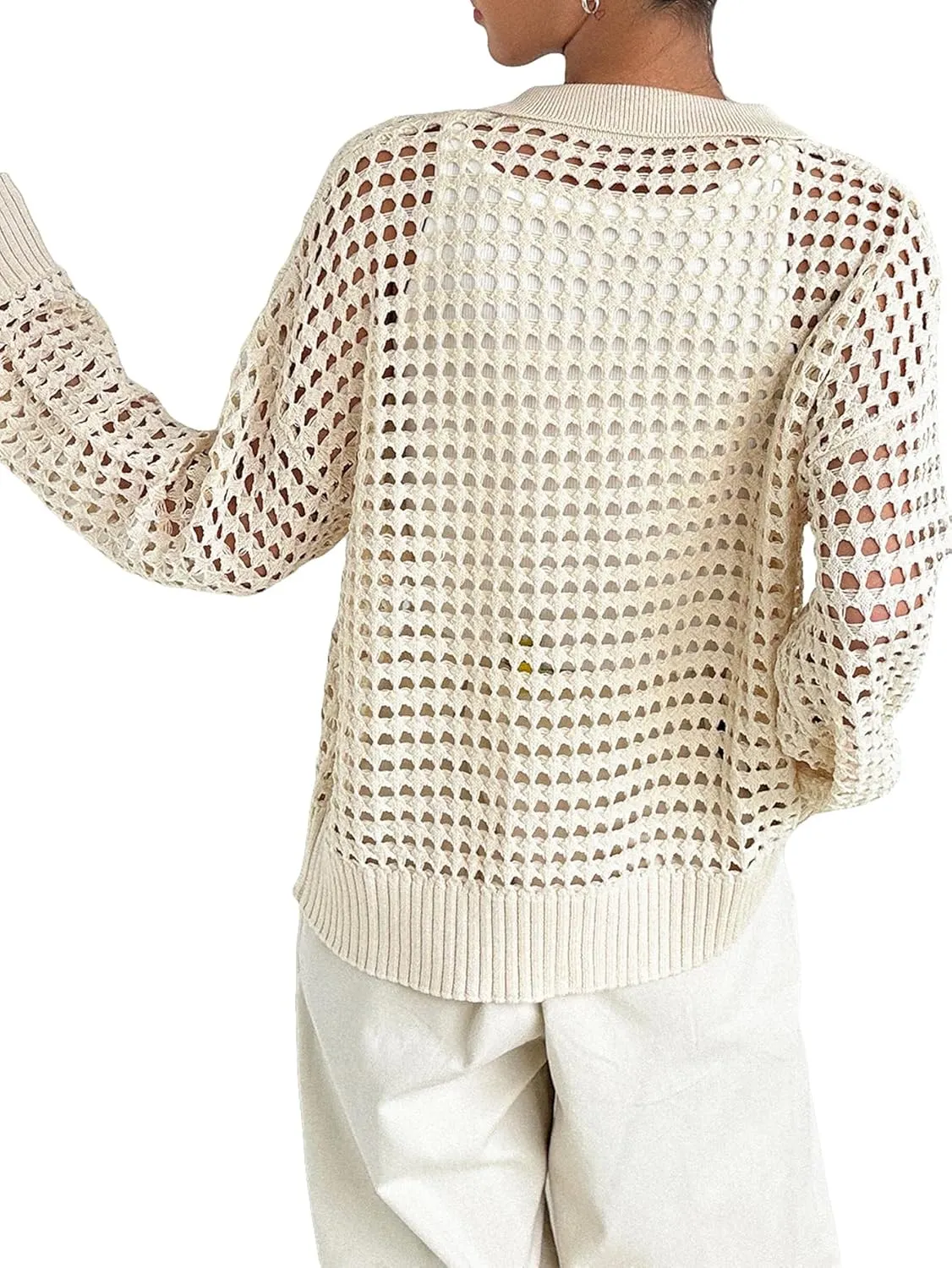 QWINEE Women's Crochet Cardigan Sweater Lightweight Cardigan Hollow Out Sweater Long Sleeve Button Down Knit Top