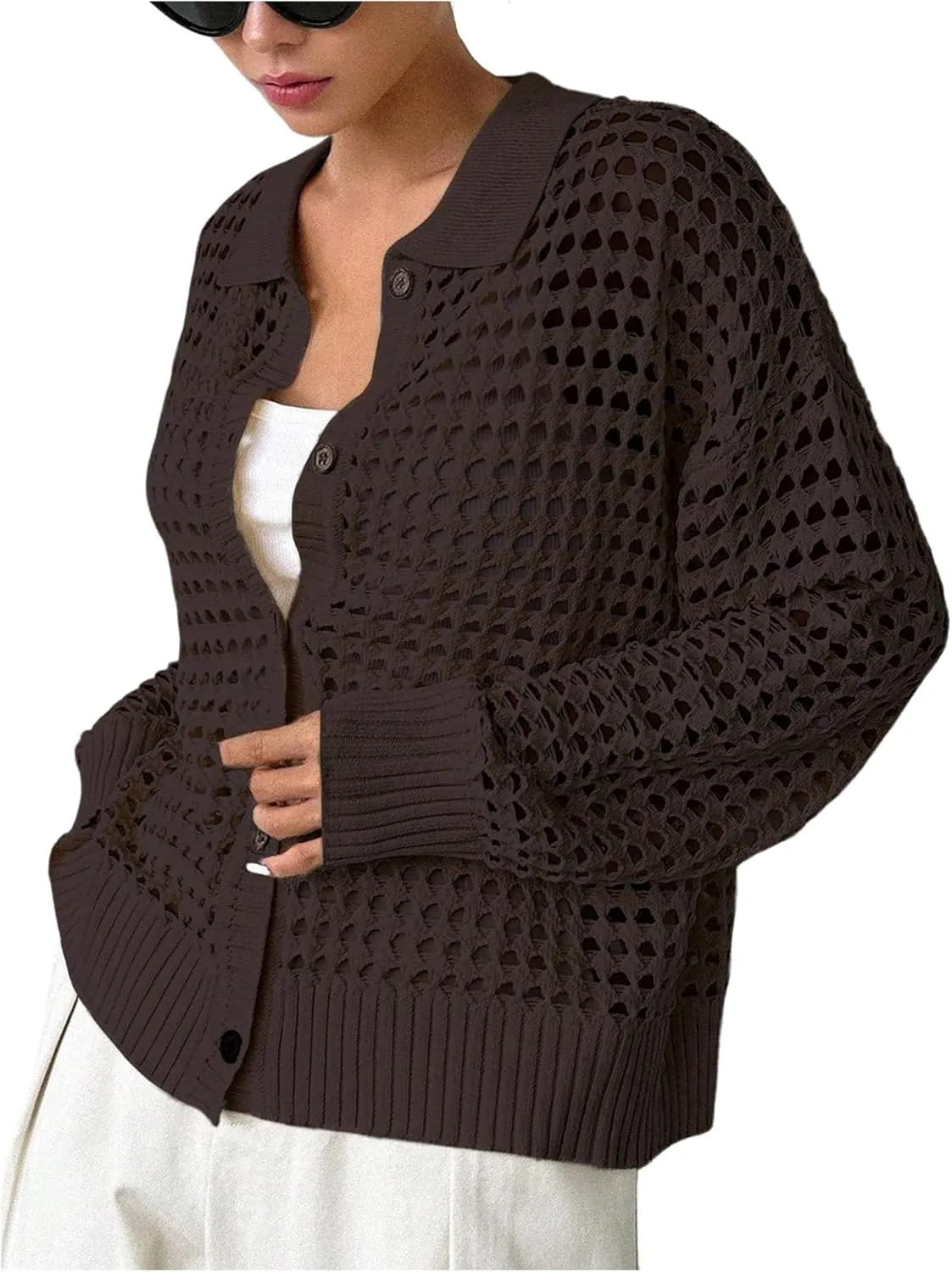QWINEE Women's Crochet Cardigan Sweater Lightweight Cardigan Hollow Out Sweater Long Sleeve Button Down Knit Top