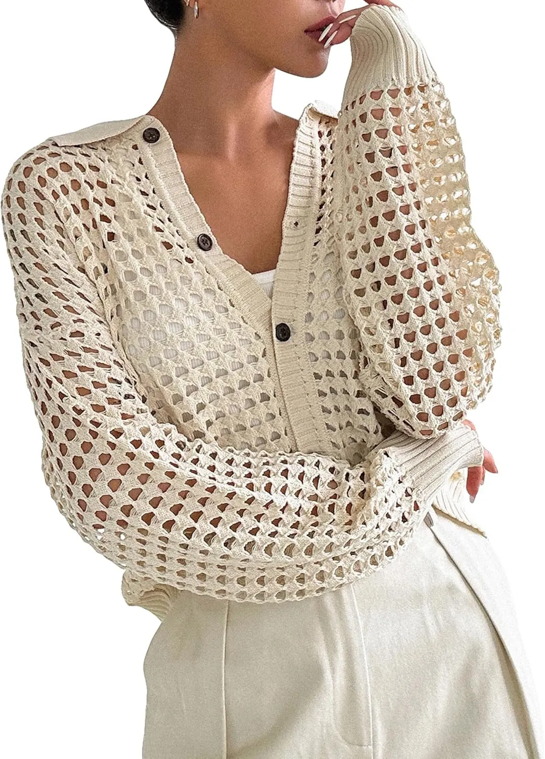 QWINEE Women's Crochet Cardigan Sweater Lightweight Cardigan Hollow Out Sweater Long Sleeve Button Down Knit Top