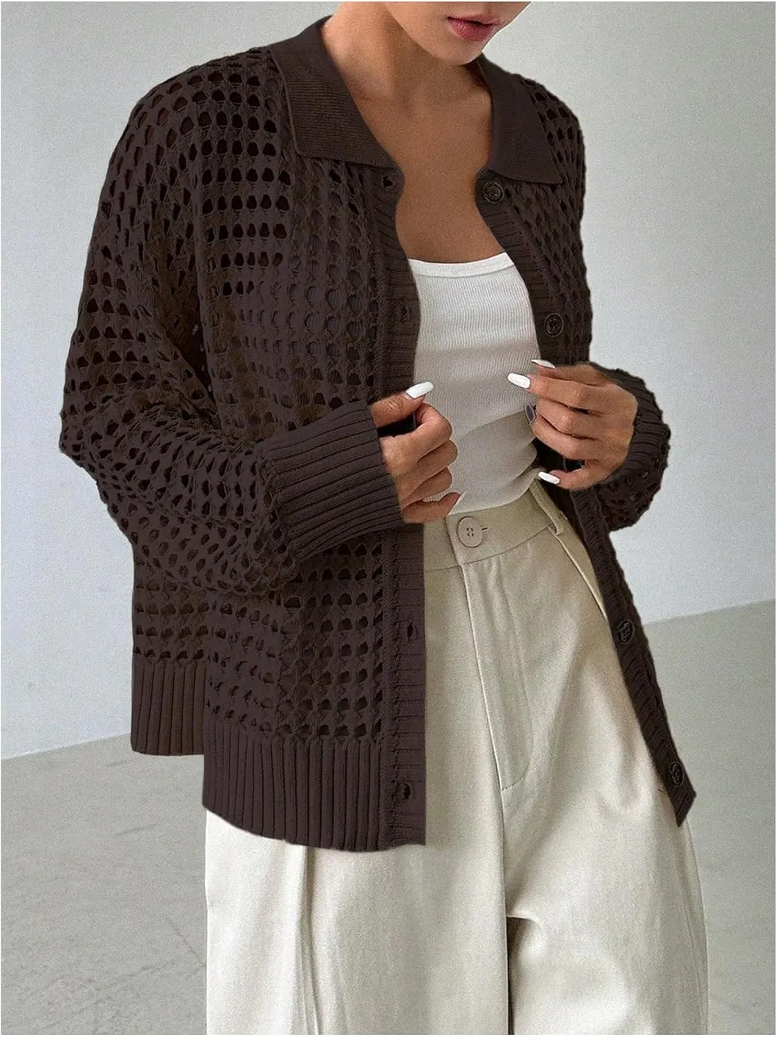 QWINEE Women's Crochet Cardigan Sweater Lightweight Cardigan Hollow Out Sweater Long Sleeve Button Down Knit Top