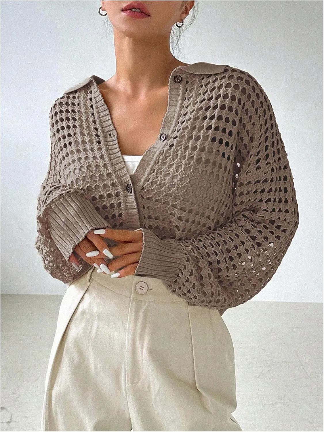 QWINEE Women's Crochet Cardigan Sweater Lightweight Cardigan Hollow Out Sweater Long Sleeve Button Down Knit Top