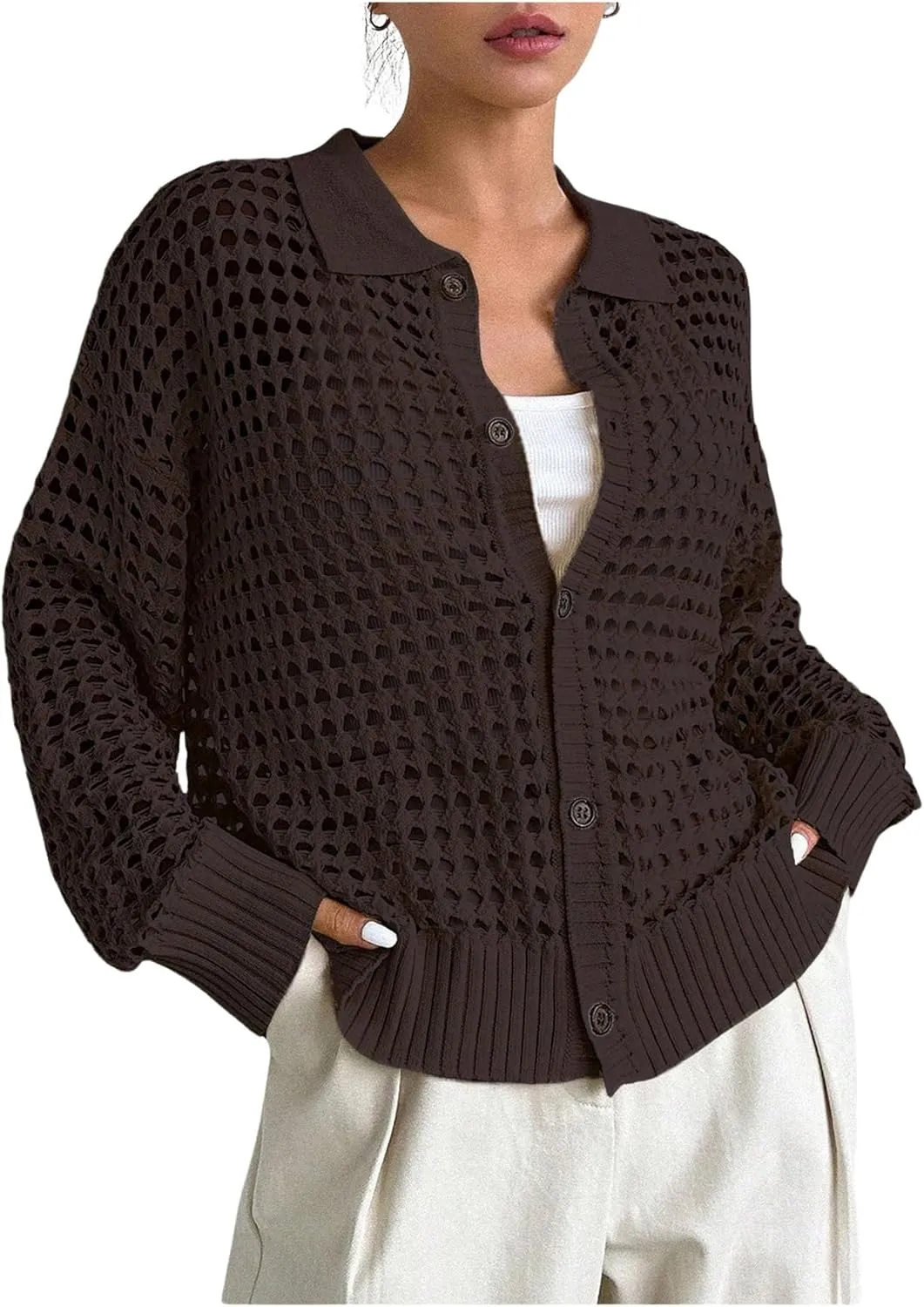 QWINEE Women's Crochet Cardigan Sweater Lightweight Cardigan Hollow Out Sweater Long Sleeve Button Down Knit Top