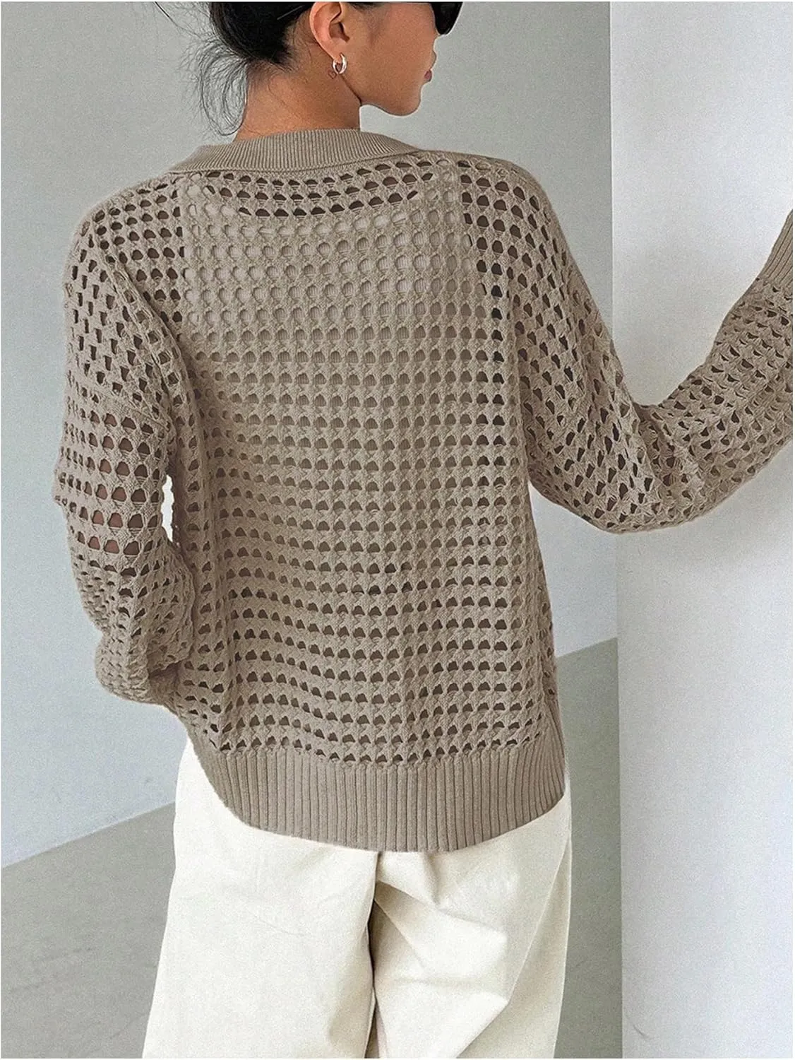 QWINEE Women's Crochet Cardigan Sweater Lightweight Cardigan Hollow Out Sweater Long Sleeve Button Down Knit Top