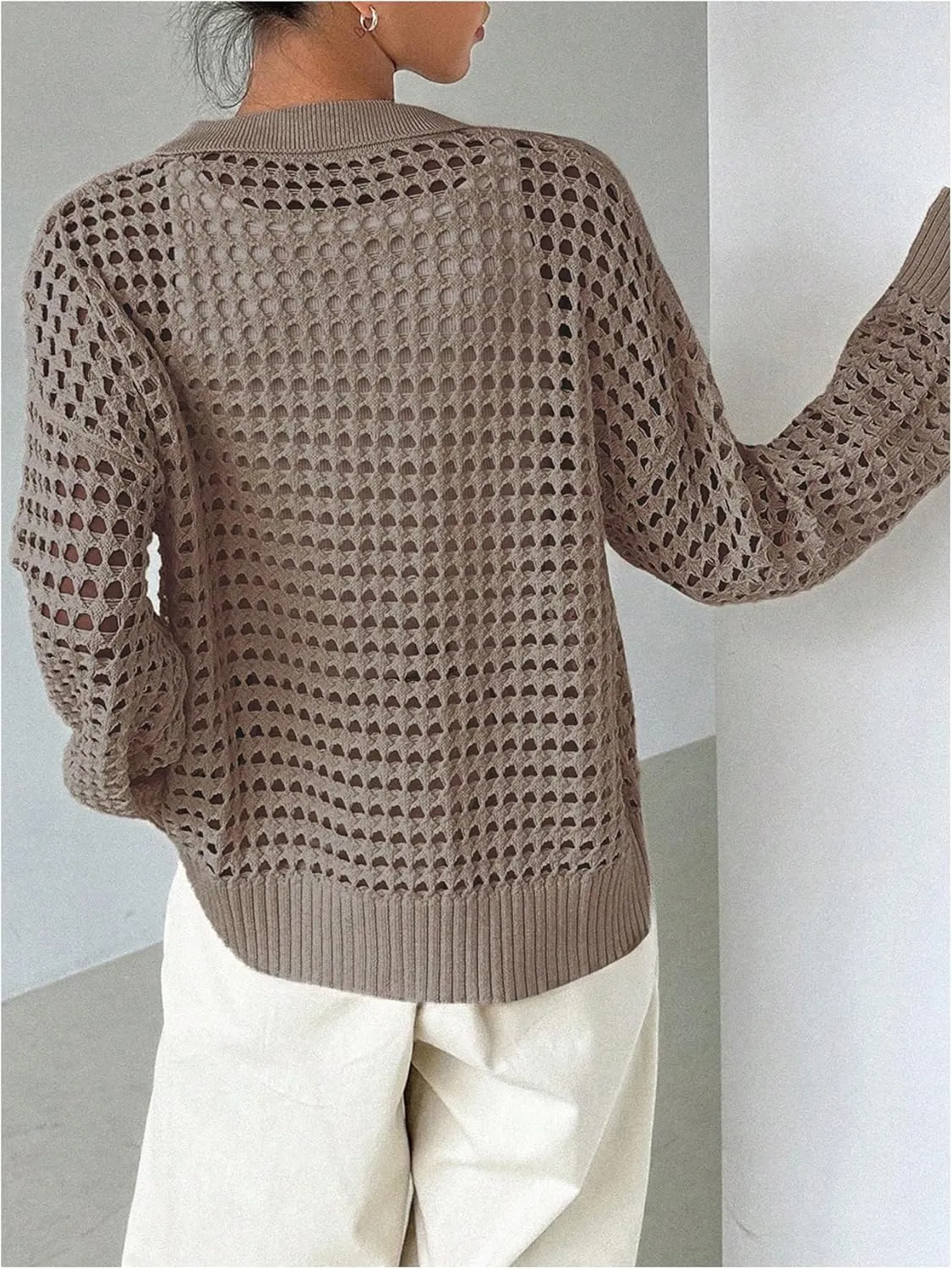 QWINEE Women's Crochet Cardigan Sweater Lightweight Cardigan Hollow Out Sweater Long Sleeve Button Down Knit Top