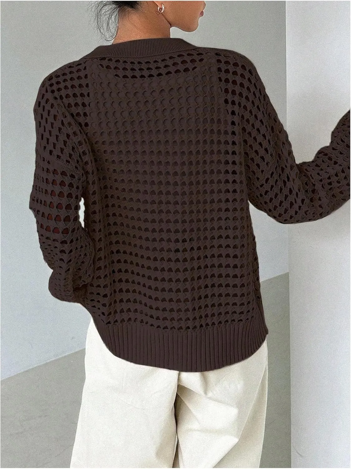 QWINEE Women's Crochet Cardigan Sweater Lightweight Cardigan Hollow Out Sweater Long Sleeve Button Down Knit Top