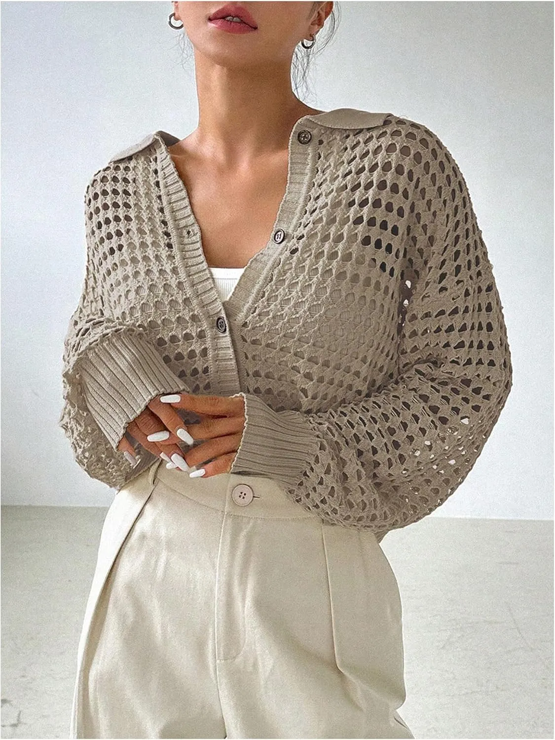 QWINEE Women's Crochet Cardigan Sweater Lightweight Cardigan Hollow Out Sweater Long Sleeve Button Down Knit Top