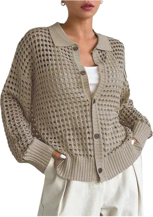 QWINEE Women's Crochet Cardigan Sweater Lightweight Cardigan Hollow Out Sweater Long Sleeve Button Down Knit Top