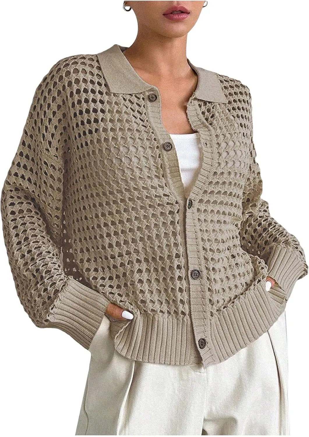 QWINEE Women's Crochet Cardigan Sweater Lightweight Cardigan Hollow Out Sweater Long Sleeve Button Down Knit Top
