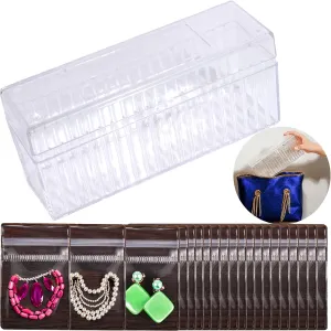 Rectangular Clear Acrylic Jewelry Box with 20 Dark Faux Wood Grain PVC Bags & Dividers - Stackable for Earrings, Necklaces, Rings, Bracelets, Pendants, Brooches- Fits Bathroom, Dresser, Travel