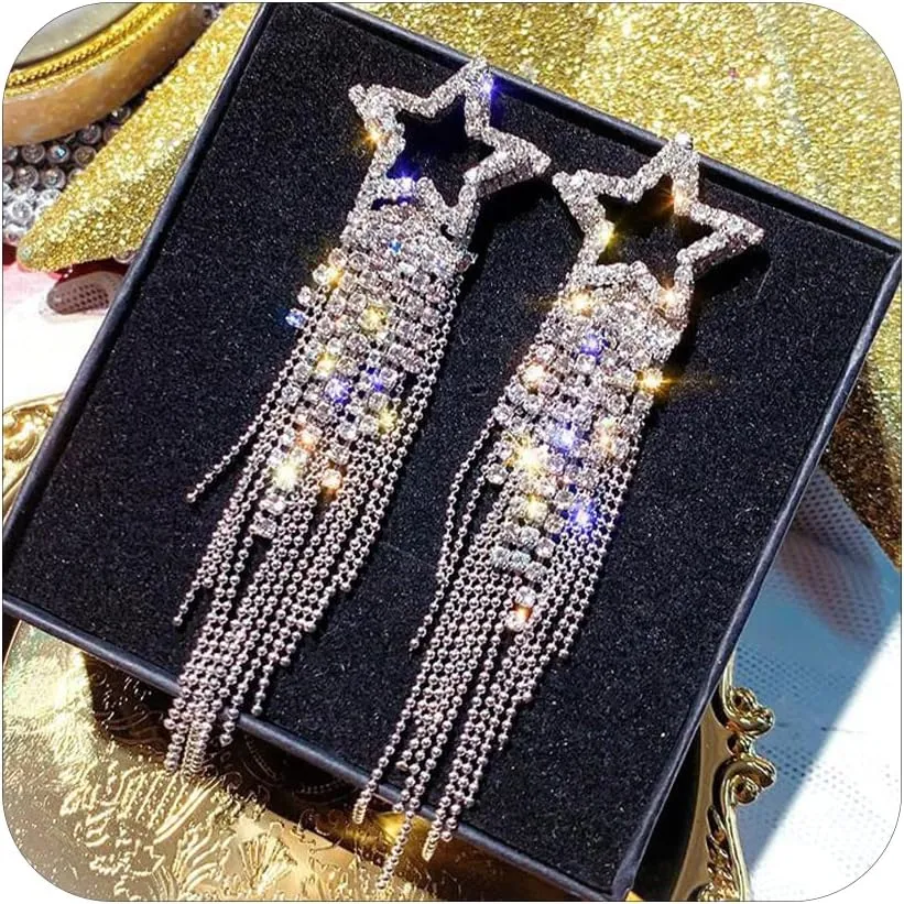 Rhinestones Star Earrings for Women Tassel Crystal Dangle Earrings Stud Cowboy Cowgirl Earrings Sparkly Prom Concert Summer Jewelry for Women Birthday Gifts for Her
