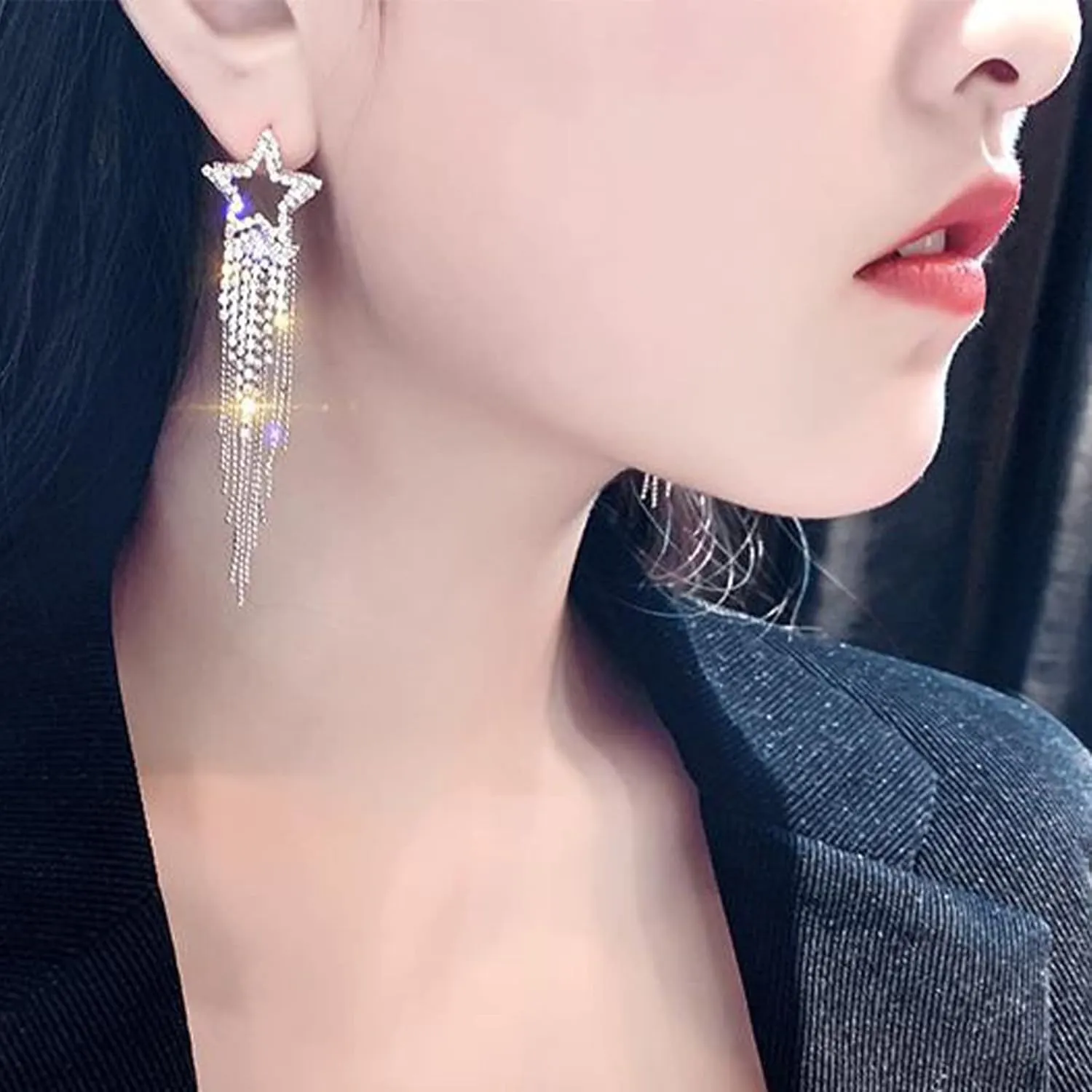 Rhinestones Star Earrings for Women Tassel Crystal Dangle Earrings Stud Cowboy Cowgirl Earrings Sparkly Prom Concert Summer Jewelry for Women Birthday Gifts for Her