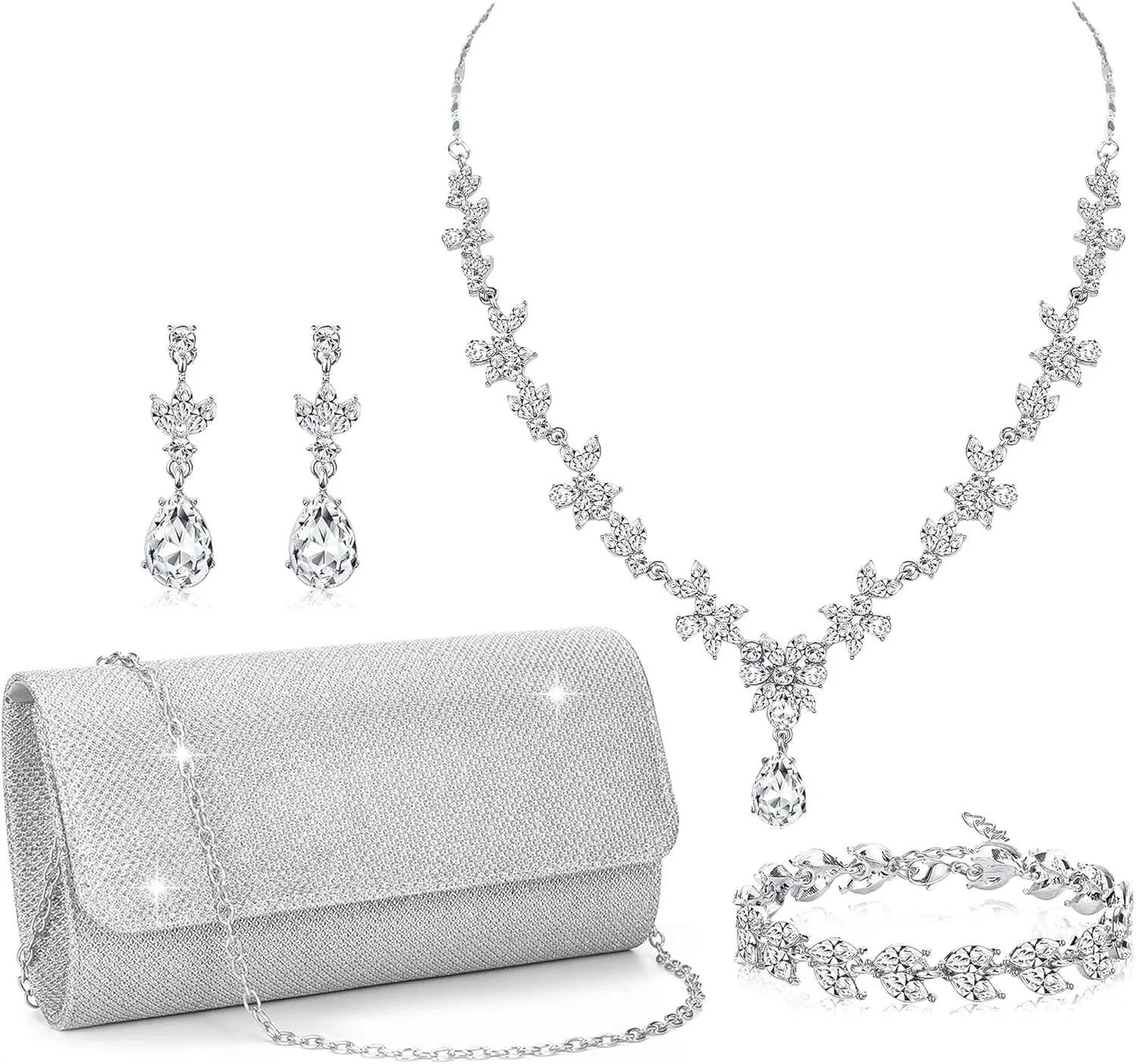 RIOSO 4Pcs Silver Jewelry Set for Women Evening Rhinestone Sparkly Clutch Purse Bag Necklace Earrings Bracelet Silver Formal Prom Costume Sets for Women Bride Wedding Jewelry