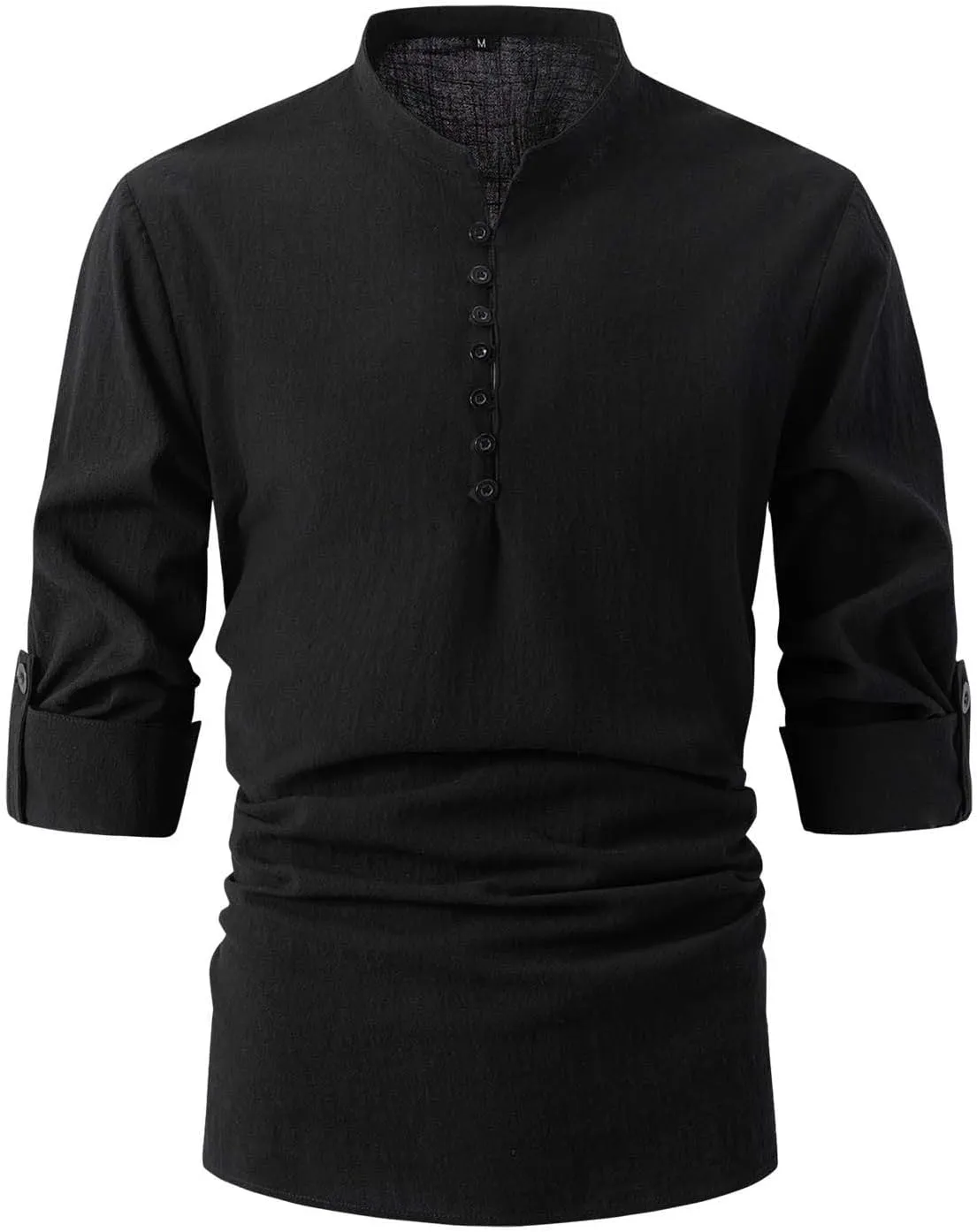 Roll Up Sleeve Shirt for Men Combat Lightweight Solid Causal Travel Tops Cotton Linen Regular Fit Fashion Half Button Shirts