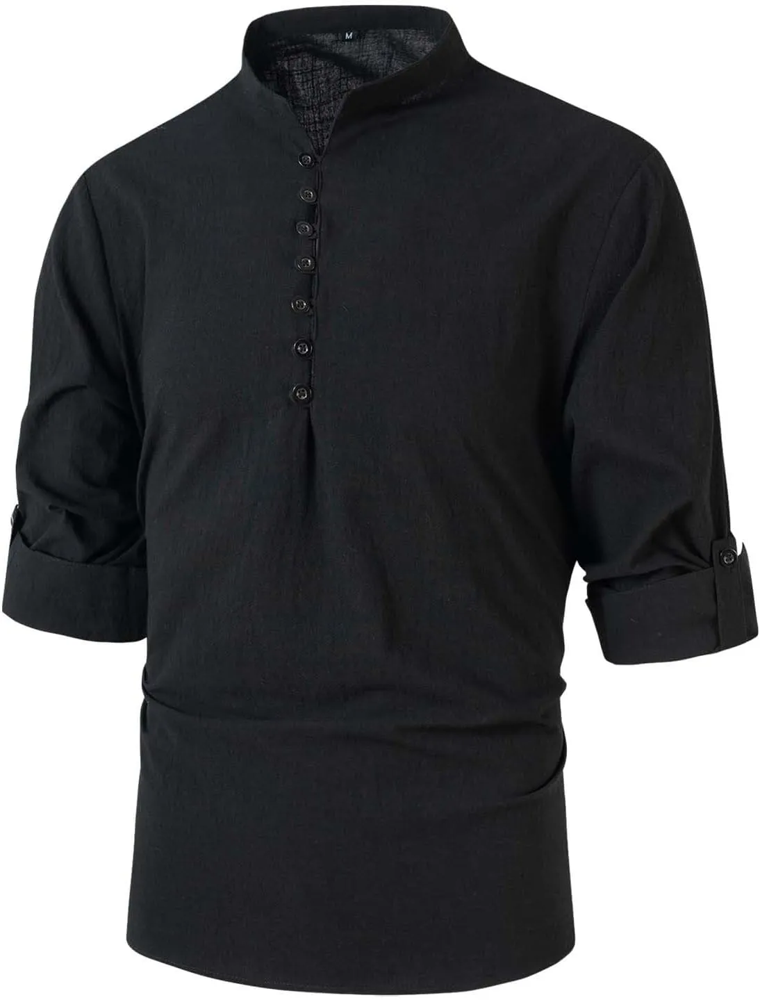 Roll Up Sleeve Shirt for Men Combat Lightweight Solid Causal Travel Tops Cotton Linen Regular Fit Fashion Half Button Shirts